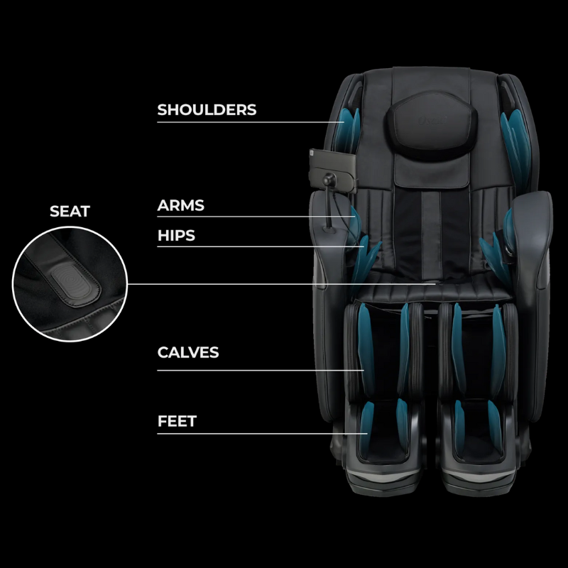 Full body airbag massage system inflating around shoulders, arms, legs, and feet for compression therapy.