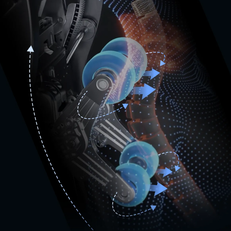 Close-up of 4D massage rollers adjusting depth and speed for a lifelike massage experience.