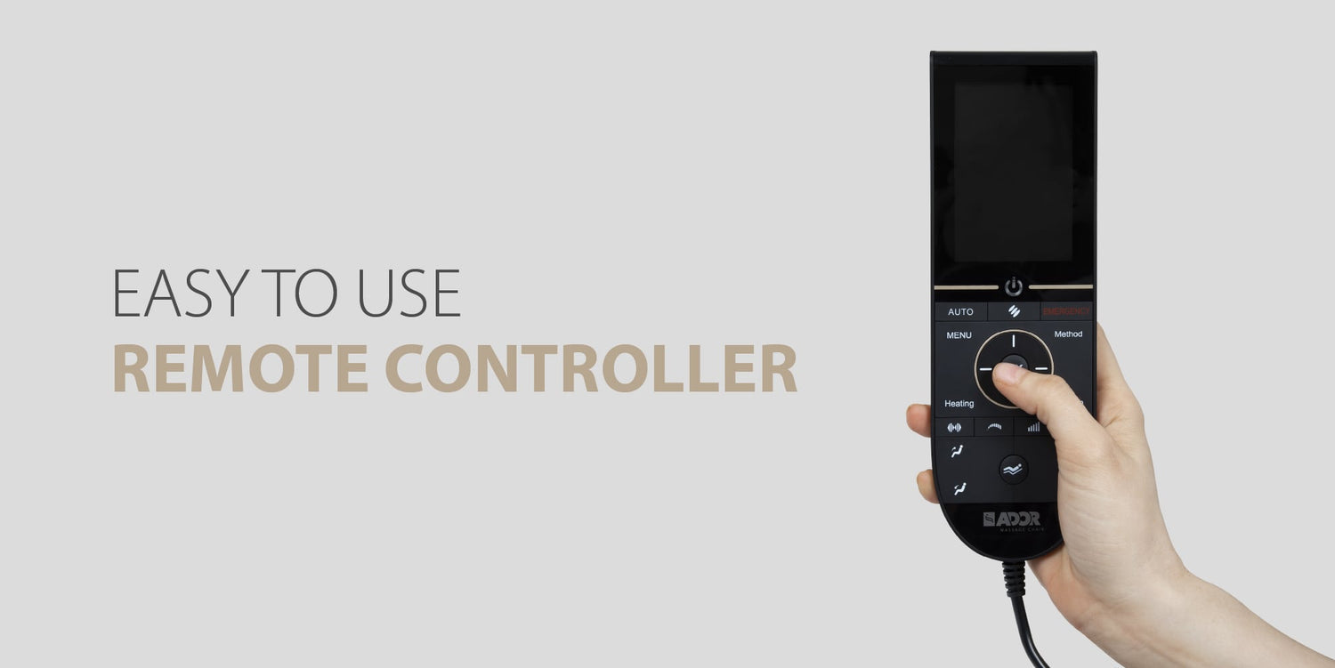 The Ador AD-Infinix Massage Chair has a user-friendly handheld remote that displays the function of the chair activated.