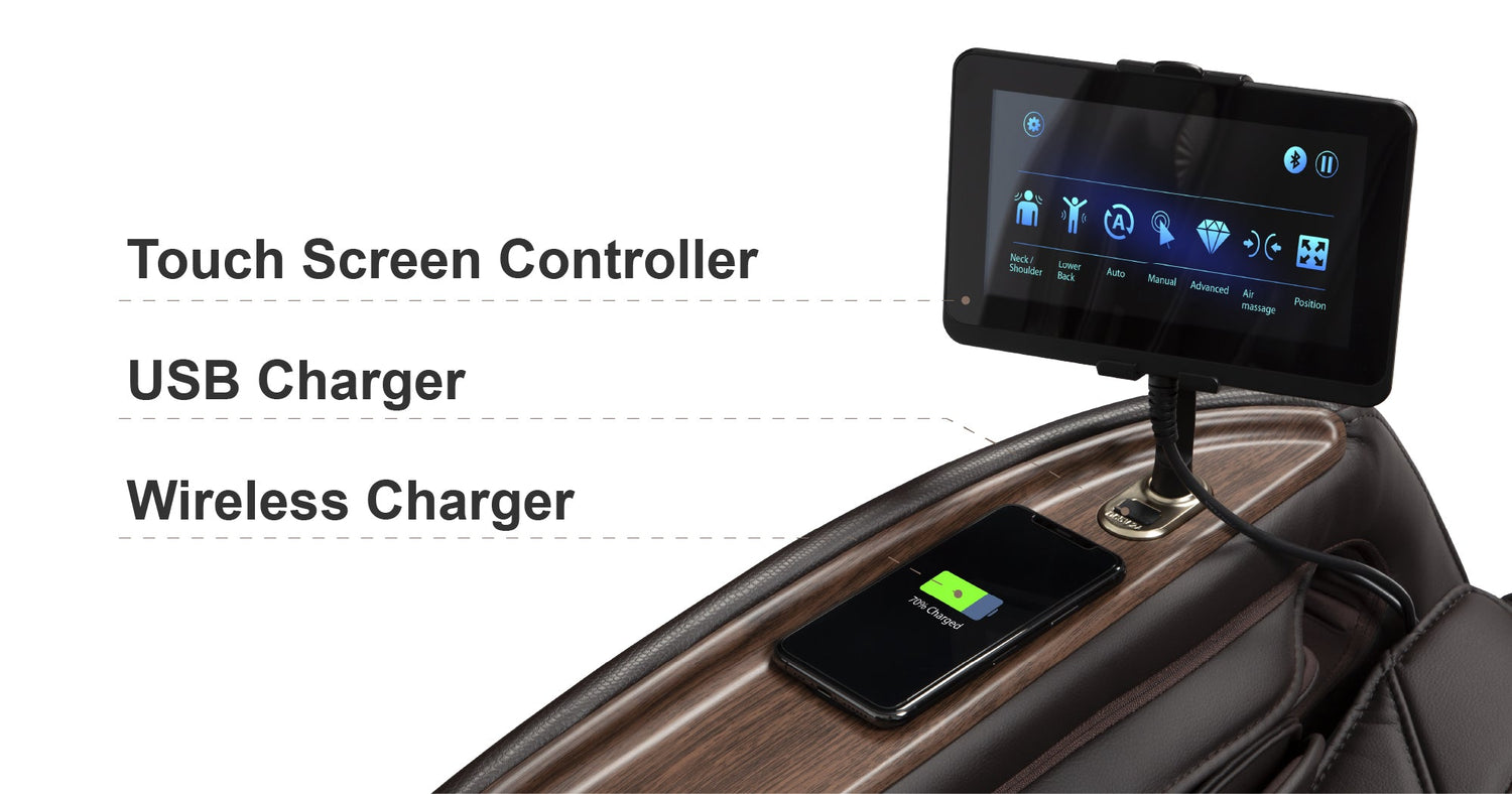 The Amamedic Hilux 4D Massage Chair has USB charger, wireless charger, and touchscreen controller for the user's convenience.