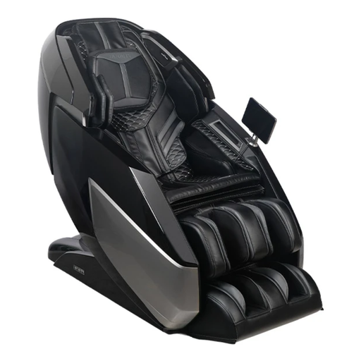 Front view of the black Infinity Circadian 4D DualFlex Massage Chair, featuring a sleek design, advanced 4D massage technology, and an intuitive touchscreen tablet remote.