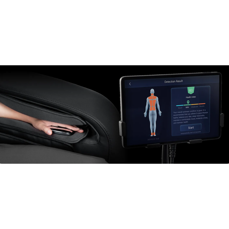 Massage chair with health detection sensors scanning user’s body to adjust massage settings automatically.