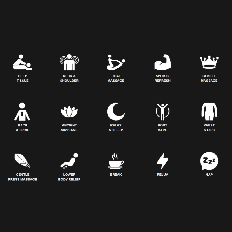 The 22 auto programs of the Osaki 4D Bravo Duo Massage Chair, offering a variety of pre-set massage experiences tailored for relaxation, recovery, and deep tissue therapy.