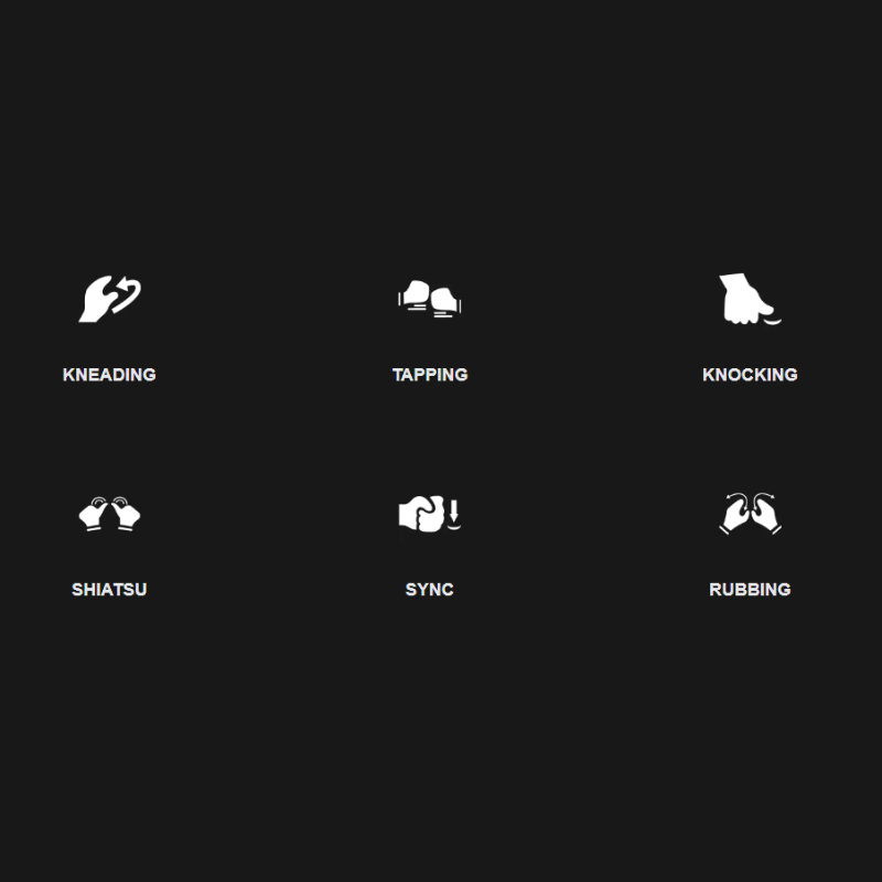 The six manual modes of the Osaki 4D Bravo Duo Massage Chair, allowing users to customize their massage experience with various techniques like kneading and tapping.