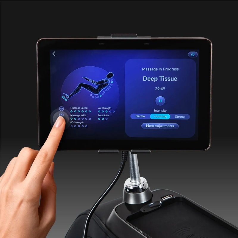 The user-friendly touchscreen controller of the Osaki Bravo Duo 4D Massage Chair, designed for easy navigation and customization of massage settings with a simple touch.