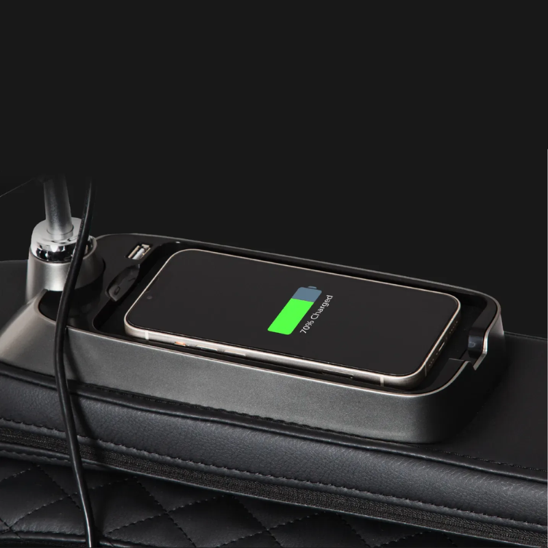 The wireless phone charger feature of the Osaki Bravo Duo 4D Massage Chair, allowing users to charge their devices conveniently while enjoying a massage.