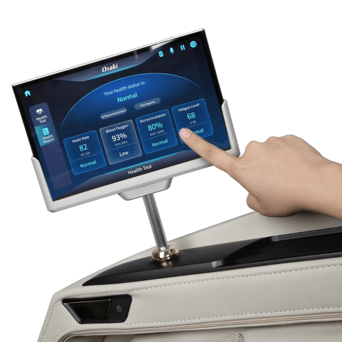 An image featuring the 8-inch wireless touchscreen controller of the Osaki Grand Duo 4D massage chair, designed for intuitive navigation and ease of use. This controller allows users to customize their massage settings, select programs, and adjust features with just a touch, enhancing the overall user experience.