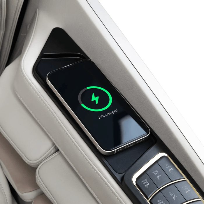 An image of the wireless charger on the Osaki Grand Duo 4D massage chair, illustrating its convenient placement for effortless charging of compatible devices. This feature enhances user convenience, allowing individuals to recharge their smartphones or other devices while enjoying a massage session.