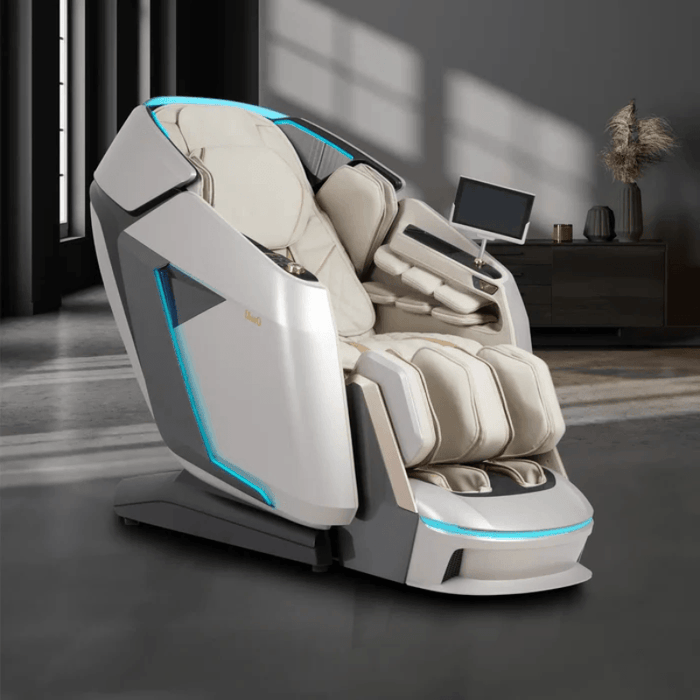 An image of the Osaki Grand Duo 4D massage chair positioned in a cozy home setting, showcasing its sleek design and luxurious upholstery. The chair complements the room's décor, inviting relaxation and comfort, while providing a modern touch to the space.