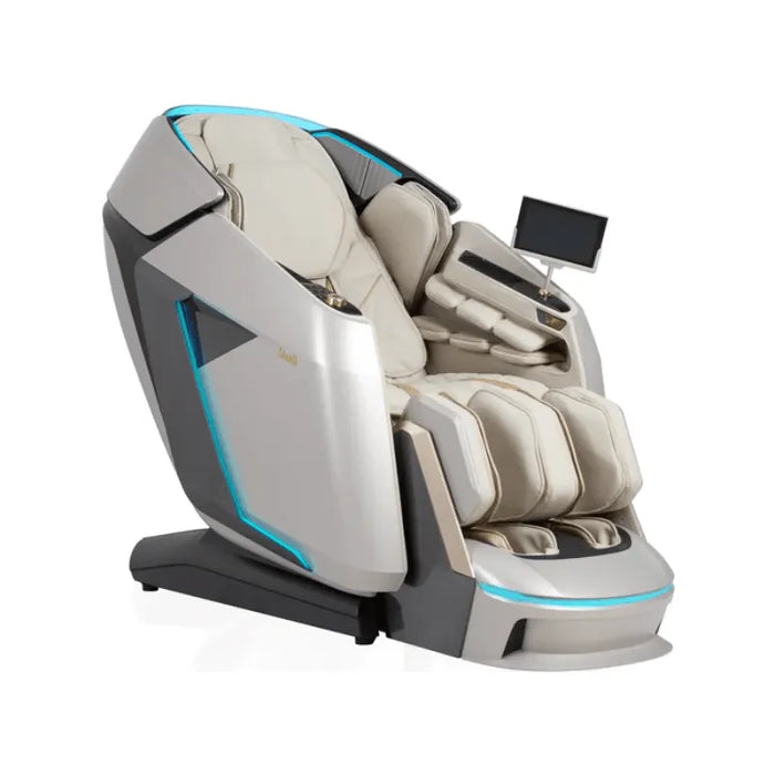 An image of the Osaki Grand Duo 4D massage chair in taupe, featuring a stylish and contemporary design that complements modern interiors. The chair's luxurious taupe upholstery highlights its ergonomic contours and advanced massage technology, creating an inviting focal point for relaxation.