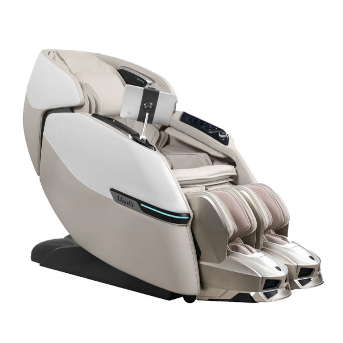 Osaki Trion Flex Duo 4D+3D Massage Chair in taupe, showcasing its ergonomic design and advanced features for personalized relaxation.