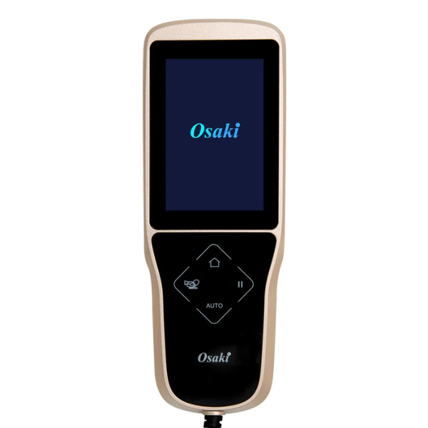 Image showcasing the handheld LCD remote of the Osaki Admiral II open box floor model massage chair, highlighting its user-friendly interface with clear display and intuitive controls, allowing users to easily customize their massage experience and access various features at their convenience.
