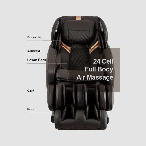 Image showcasing the full body air compression massage feature of the Osaki Admiral II open box floor model massage chair, highlighting the strategically placed airbags that inflate and deflate to provide a soothing compression massage for the arms, legs, and back, enhancing relaxation and promoting better circulation throughout the body.