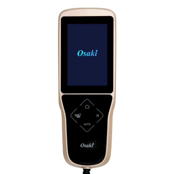 Close-up of the LCD remote for the Osaki Admiral II Open Box Floor Model massage chair, displaying a user-friendly interface with various customizable settings for a tailored massage experience.
