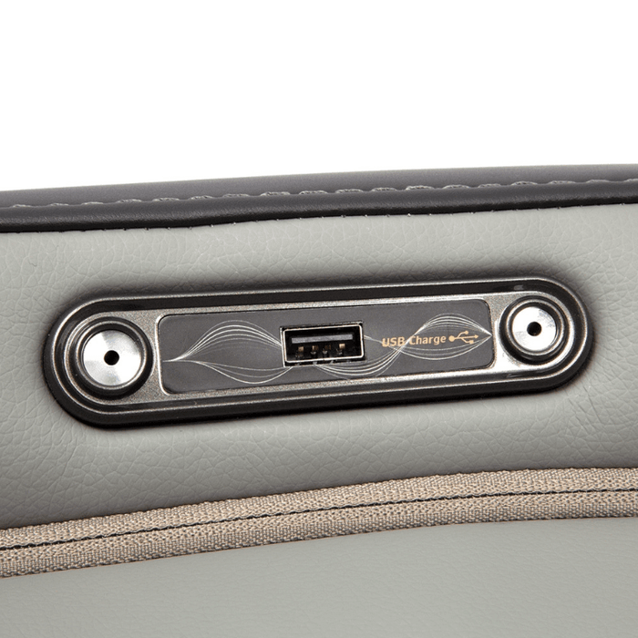 Close-up of the USB charging port on the Osaki Admiral II Open Box Floor Model massage chair, showcasing its convenient design that allows for easy charging of devices while enjoying a relaxing massage.