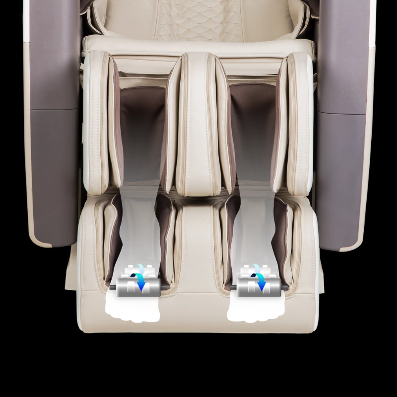 The Osaki Flagship massage chair offers significant health benefits through specialized foot rollers with reflexology ridges that stimulate acupuncture points on the feet, promoting energy flow and circulation. 