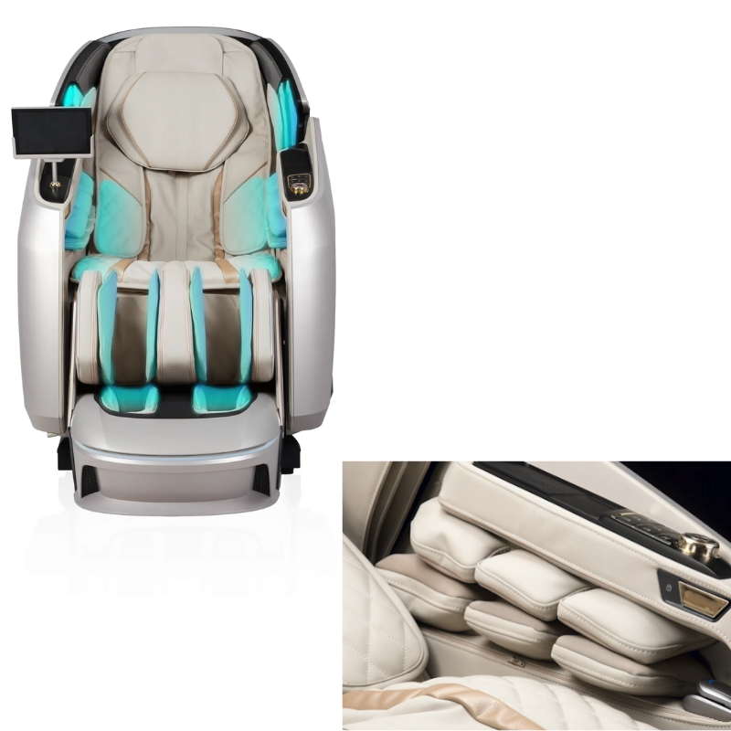 An image showcasing the 62-Cell Full Body Air Massage feature of the Osaki Grand Duo 4D massage chair, highlighting the advanced airbag system that provides comprehensive compression therapy across the body. The visual emphasizes the three-segment armrest airbags, designed to deliver targeted massage to the arms and shoulders, enhancing relaxation and relieving tension.