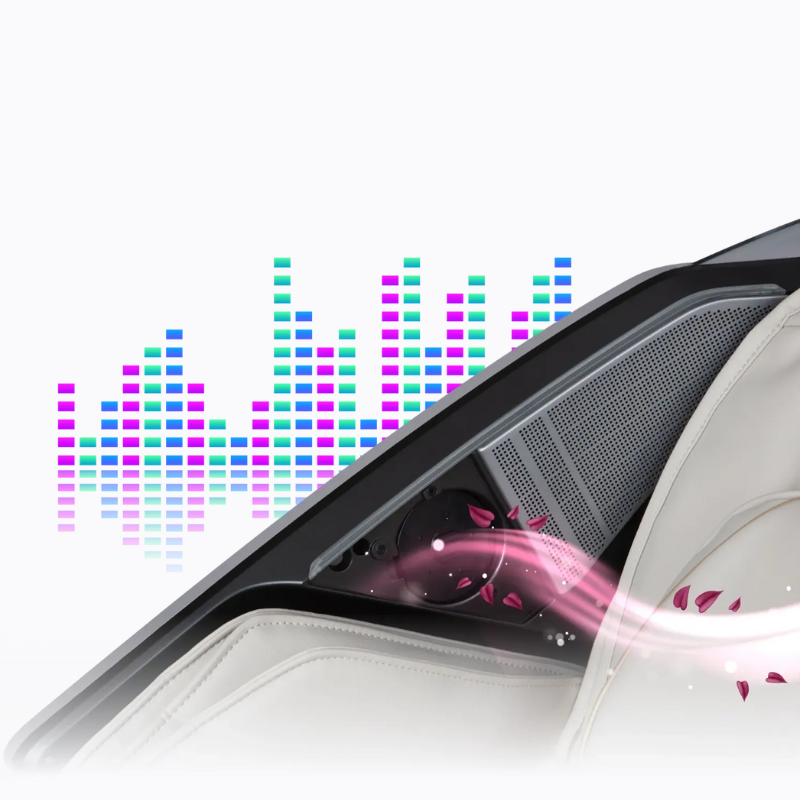 An image featuring the Bluetooth Speakers of the Osaki Grand Duo 4D massage chair, showcasing how users can easily connect their devices for a seamless audio experience during massage sessions. The visual may depict the sleek speaker design integrated into the chair, emphasizing the ability to listen to music or relaxing sounds while enjoying a massage.