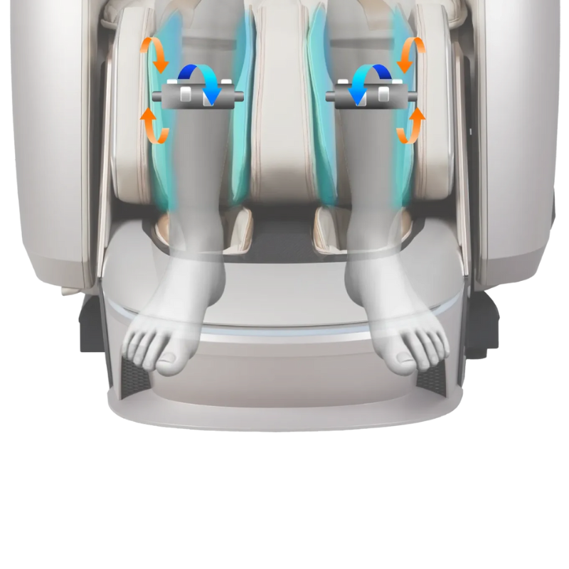 An image depicting the Deep Calf Kneading feature of the Osaki Grand Duo 4D massage chair, highlighting its specialized kneading rollers designed to target the calves for effective muscle relief. The visual emphasizes the chair's ability to deliver a soothing massage that alleviates tension and promotes relaxation in the lower legs.