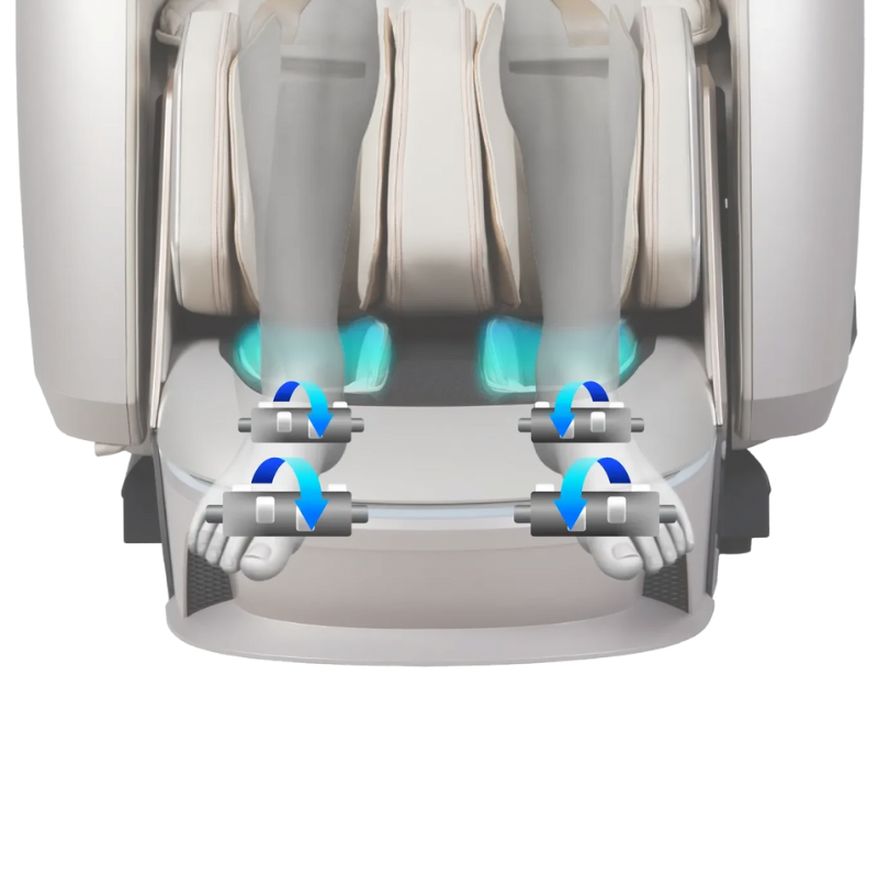 An image highlighting the 4 Foot Rollers and 16 Airbags of the Osaki Grand Duo 4D massage chair, showcasing the innovative design that combines foot massage with comprehensive air compression therapy. The visual emphasizes how the foot rollers provide a deep kneading experience, while the airbags work in tandem to enhance relaxation and circulation throughout the legs and feet