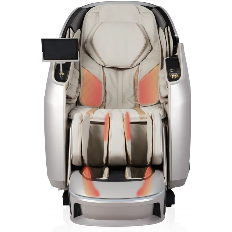 An image showcasing the Heat Therapy feature of the Osaki Grand Duo 4D massage chair, highlighting the strategically placed heating elements that warm the back and lumbar areas to enhance relaxation and ease muscle tension. The visual may illustrate the soothing effect of heat therapy, emphasizing how it complements the massage functions for an overall therapeutic experience