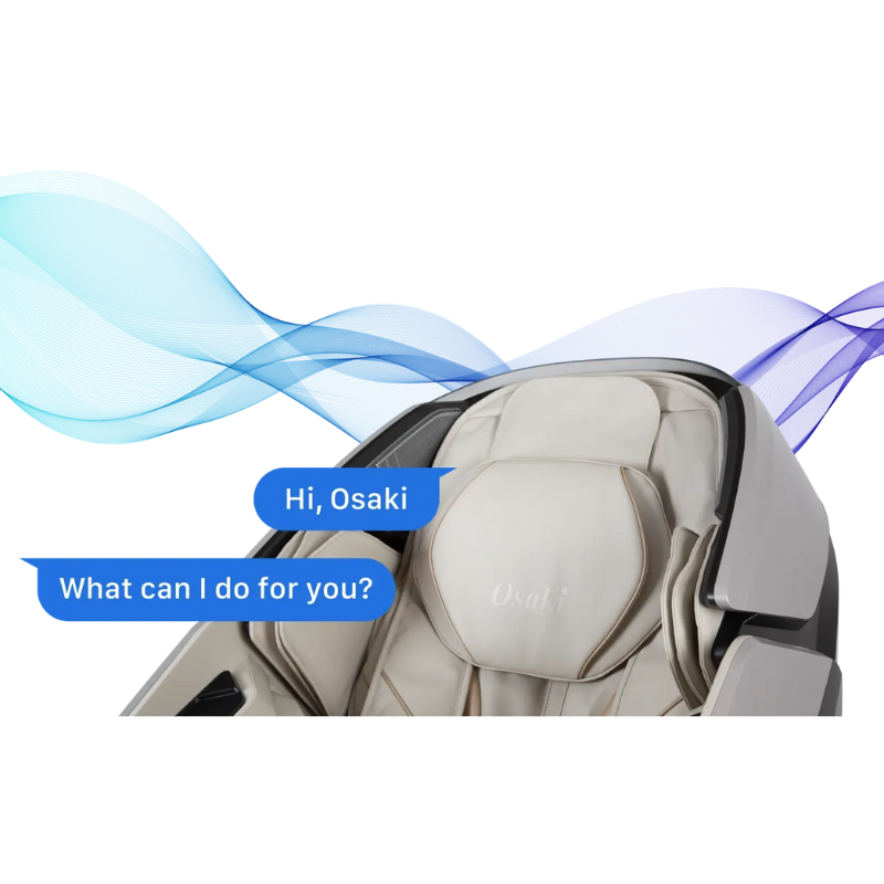 An image showcasing the Intelligent Voice Control feature of the Osaki Grand Duo 4D massage chair, highlighting how users can effortlessly operate the chair using voice commands. The visual may include graphics demonstrating the chair's responsiveness to various spoken instructions, allowing for hands-free adjustments of massage settings and preferences.