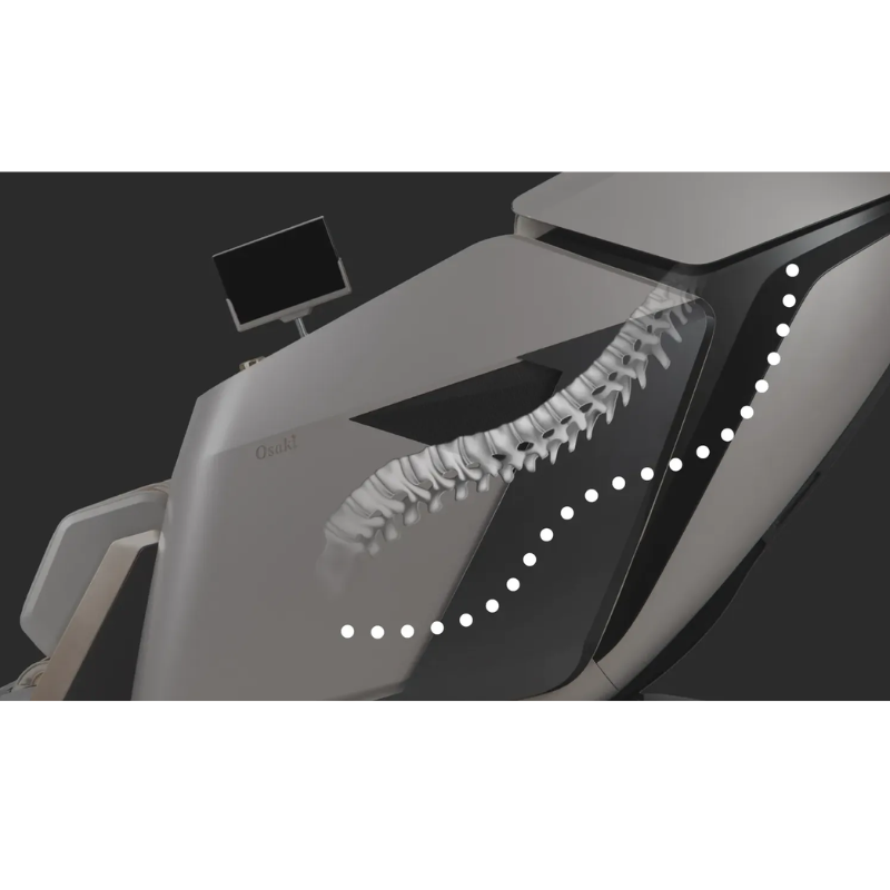 An image depicting the SL-Track System of the Osaki Grand Duo 4D massage chair, showcasing its unique track design that follows the natural curvature of the spine from the neck to the lower back. The visual emphasizes how this advanced technology enhances the effectiveness of massages by ensuring full-body coverage, allowing the rollers to target specific pressure points along the entire back.