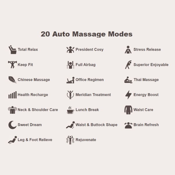 The Osaki DuoMax massage chair comes equipped with 20 unique automatic massage programs to suit your needs. 