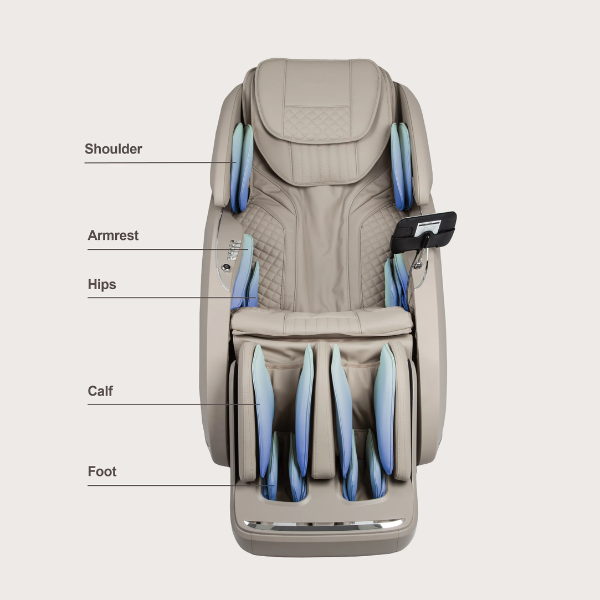The Osaki Solis offers a total of 54 air cells to provide compression therapy for shoulders, arms, hips, calves, and feet. 