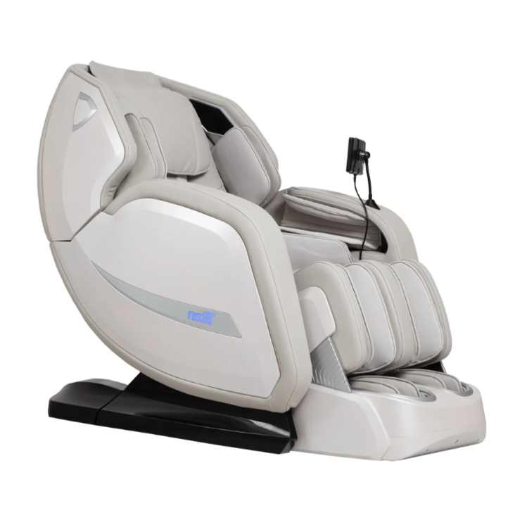 Titan 4D Advent Massage Chair in taupe, showcasing a sleek, contemporary design with ergonomic contours, plush cushioning, and a neutral faux leather finish.