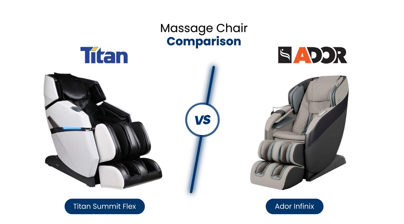 In this comprehensive Massage Chair Comparison, we'll compare the similarities and differences of the Titan Summit Flex vs. Ador Infinix.