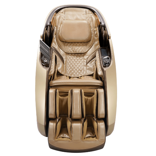 The Daiwa Supreme Hybrid Massage Chair looks elegant in gold with luxurious wood-grain accents.