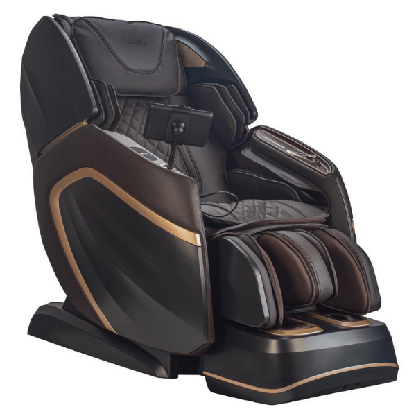 The Osaki OS-Pro 4D Emperor massage chair has humanlike 4D rollers, an L-Track system, and is available in elegant brown.