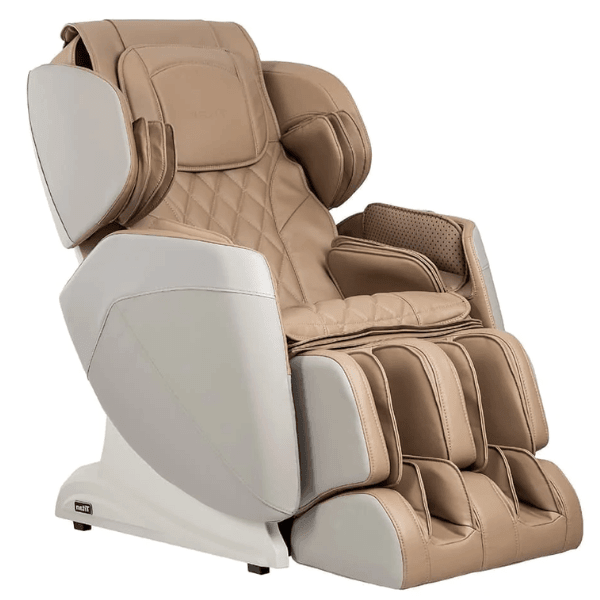 The Titan Optimus 3D massage chair comes with 3D rollers for deep tissue massage, air compression, and is available in taupe.