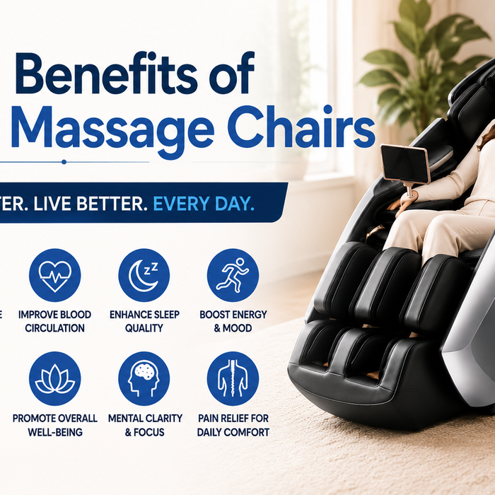 Thumbnail image showing a woman enjoying a massage chair with icons representing the health and wellness benefits of regular massage chair use.