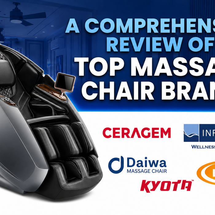 YouTube-style thumbnail showing a sleek gray massage chair with bold text reading ‘A Comprehensive Review of Top Massage Chair Brands’ alongside logos of Ceragem, Infinity, Daiwa, Kyota, and Luraco.