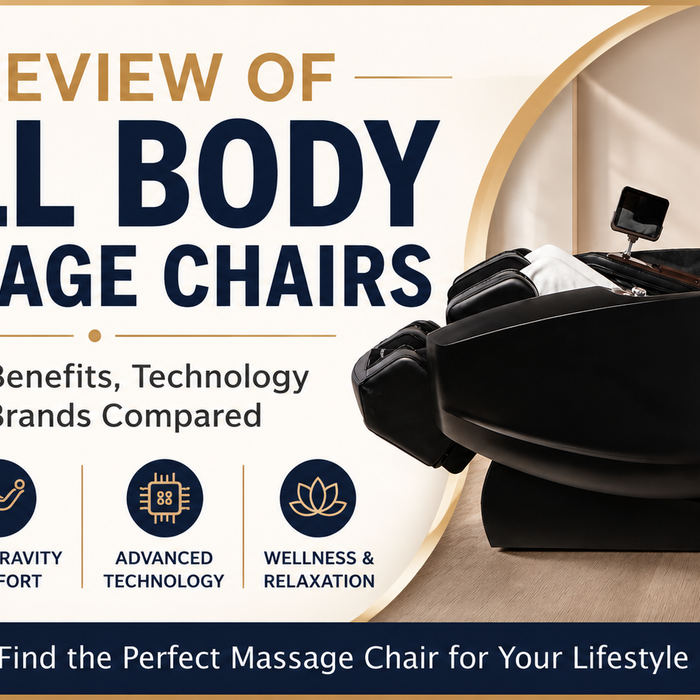 A Review of Full Body Massage Chairs thumbnail featuring a woman reclining in a Daiwa massage chair with highlights of full-body relief, Zero Gravity, and advanced massage technology.