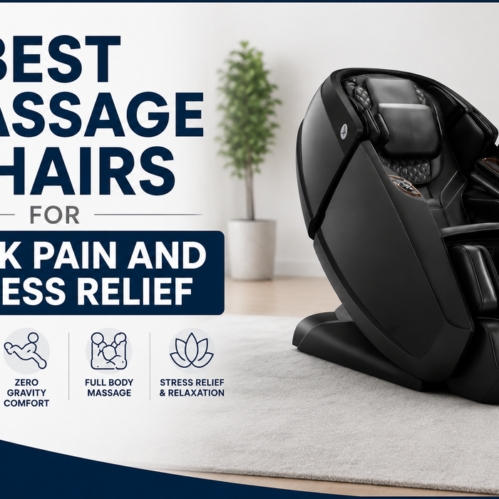 Premium black massage chair with touchscreen controller beside bold text reading “Best Massage Chairs for Back Pain and Stress Relief” in a modern living room background with wellness feature icons below.