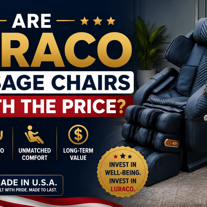 Thumbnail for 'Are Luraco Massage Chairs Worth the Price?' featuring the black Luraco i9 Medical massage chair in a modern home with emphasis on American-made quality and luxury comfort.