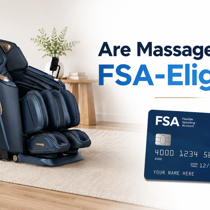 Massage chair next to an FSA debit card graphic with the text "Are Massage Chairs FSA-Eligible?" on a clean white background.