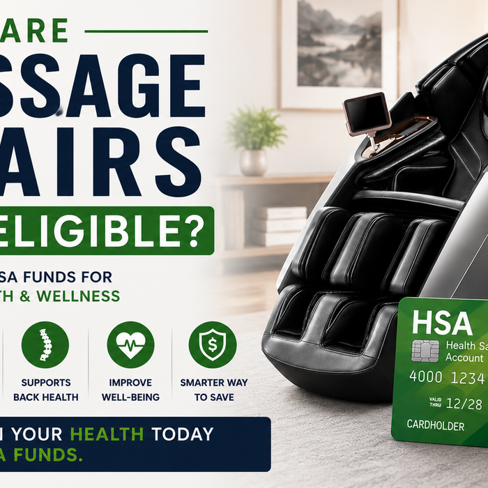 Luxury massage chair and HSA card featured in a guide explaining whether massage chairs are HSA-eligible.