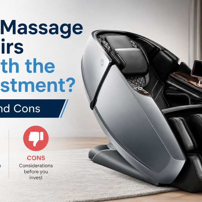 High-end massage chair in a modern living space with text reading "Are Massage Chairs Worth the Investment? Pros and Cons" and icons highlighting advantages and disadvantages.