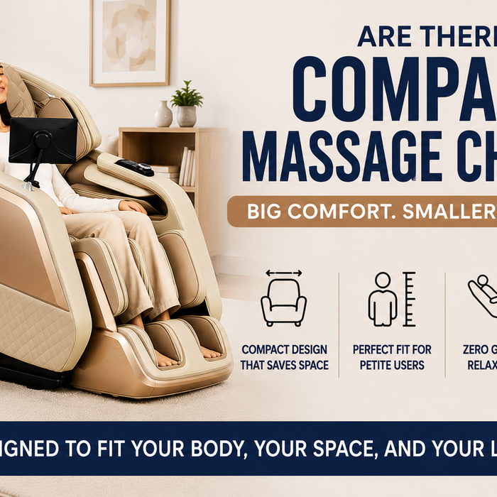 Compact massage chair with a petite user demonstrating how full-body massage comfort can fit into smaller living spaces.