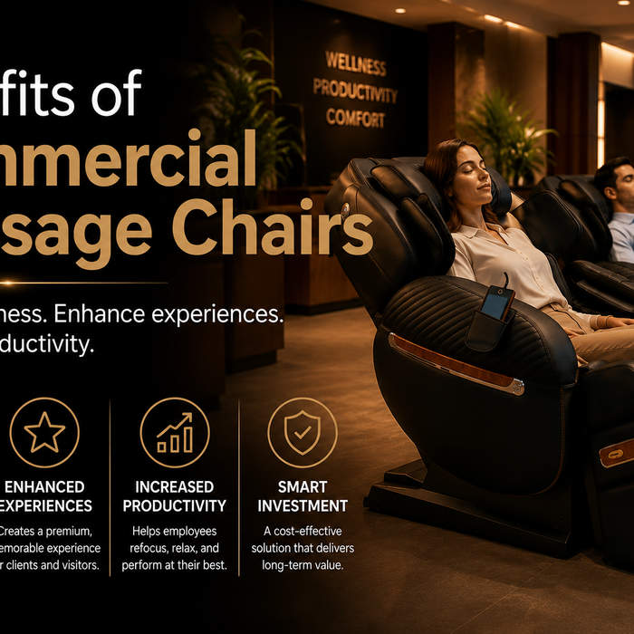 Commercial massage chairs in a luxury business lounge helping employees and visitors relax in a warm, professional environment.