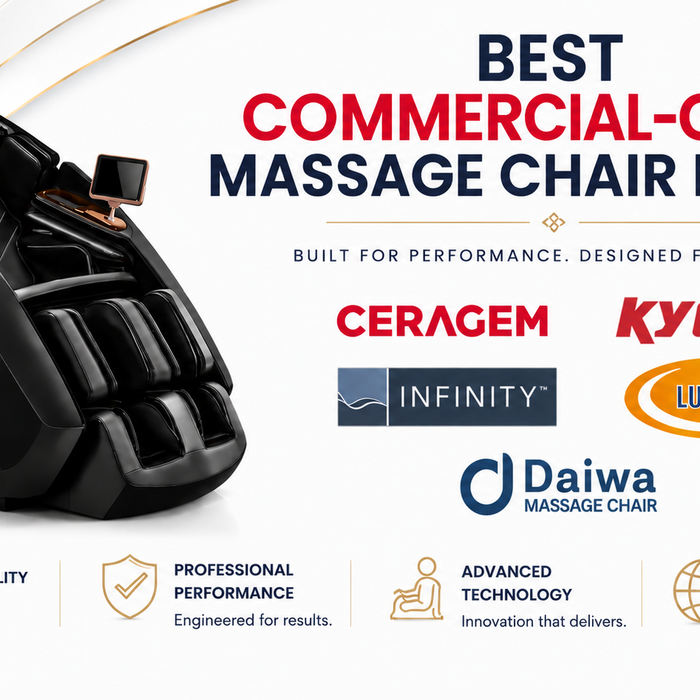 Best commercial-grade massage chair brands featuring Ceragem, Kyota, Infinity, Luraco, and Daiwa.