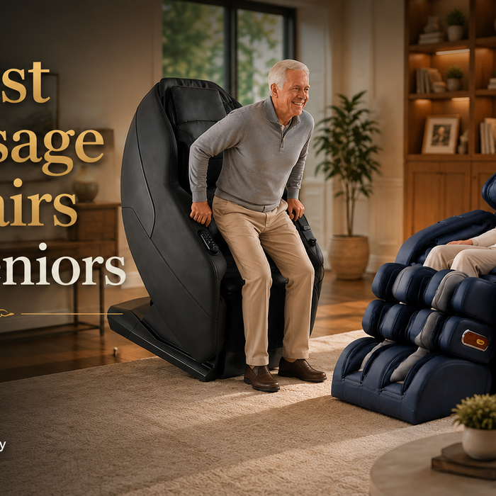 Best massage chairs for seniors featuring a senior man using the Daiwa iLift lift function and a senior woman relaxing in a Luraco massage chair.