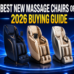 Best new massage chairs of 2026 buying guide featuring three luxury massage chairs on a futuristic blue platform. 