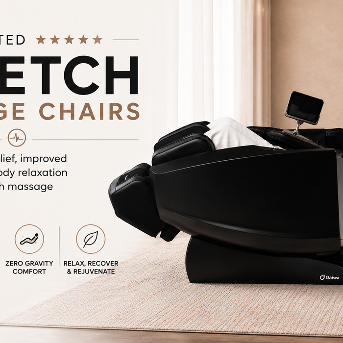 Best rated stretch massage chairs thumbnail featuring the Daiwa Supreme Hybrid X with a relaxing full-body stretch massage.