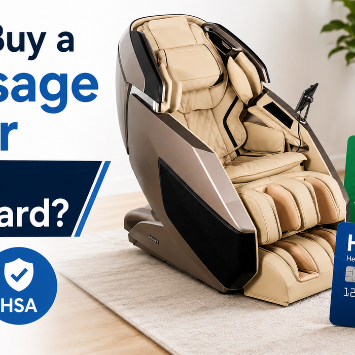 Thumbnail image showing a luxury massage chair with FSA and HSA cards and a headline asking whether a massage chair can be purchased with an FSA card.