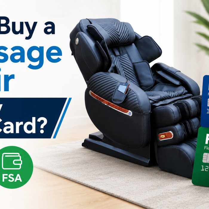 Thumbnail image showing a luxury massage chair with HSA and FSA cards and the headline asking if a massage chair can be purchased with an HSA card.